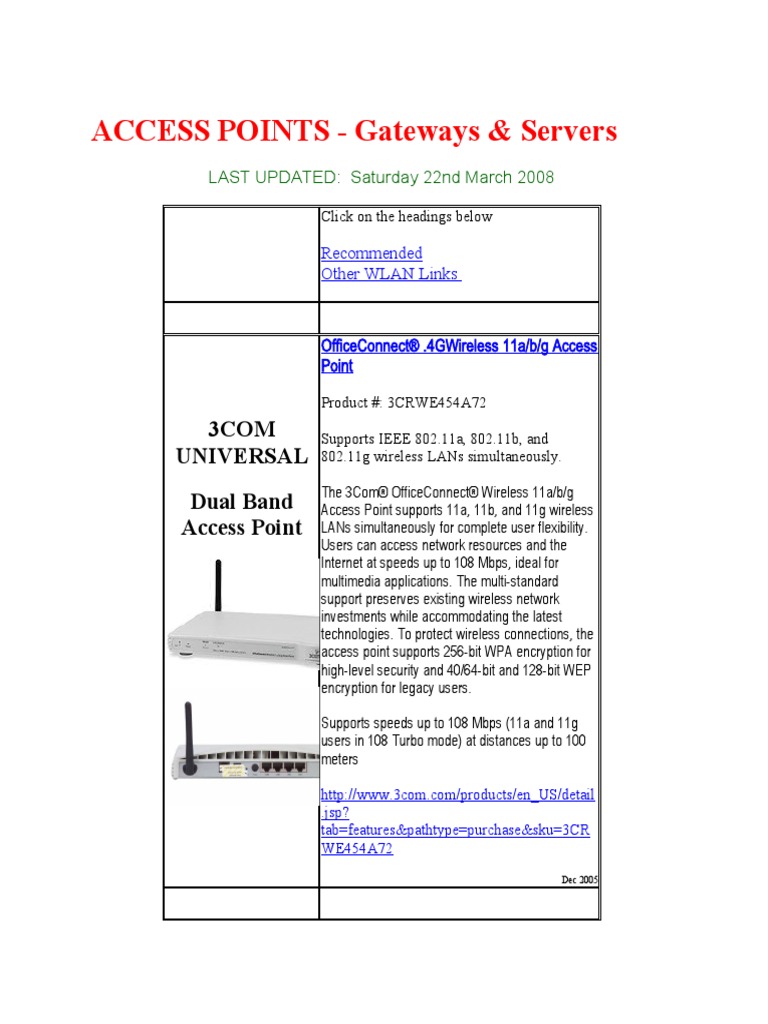ACCESS POINTS - Gateways & Servers: 3com Universal Dual Band Access ...