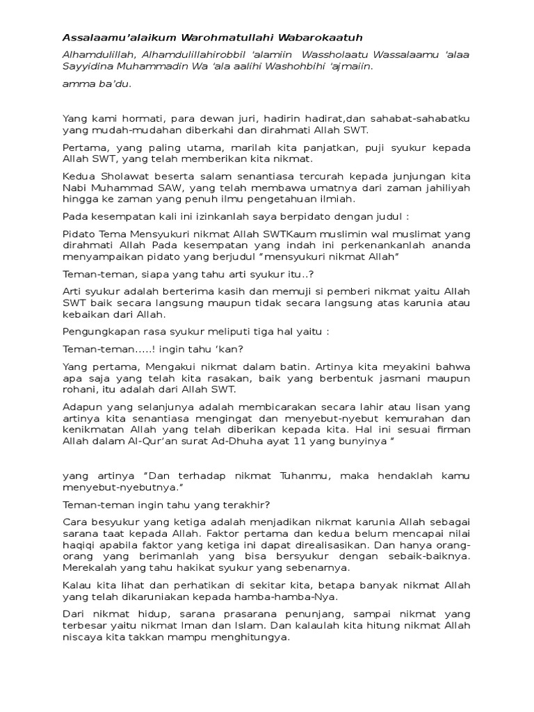 Contoh Pidato Mensyukuri Nikmat Allah SWT