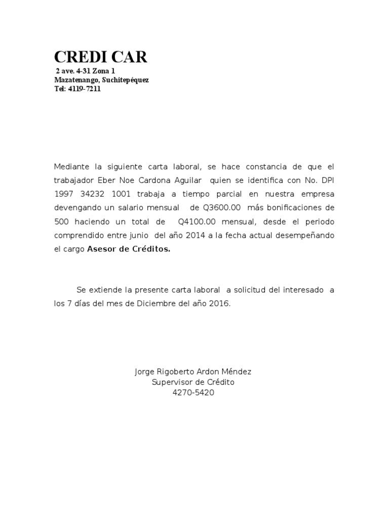Carta Laboral guatemala ejemplo