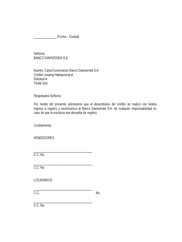 Modelo Carta Exoneracion Banco Davivienda