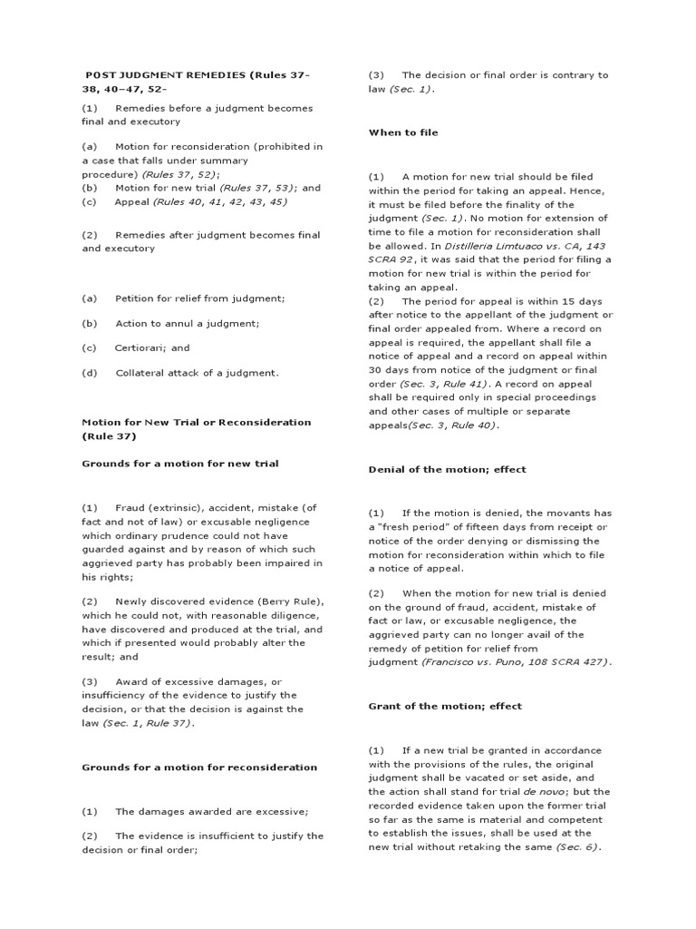 Post Judgment Remedies Appeal Judgment (Law)
