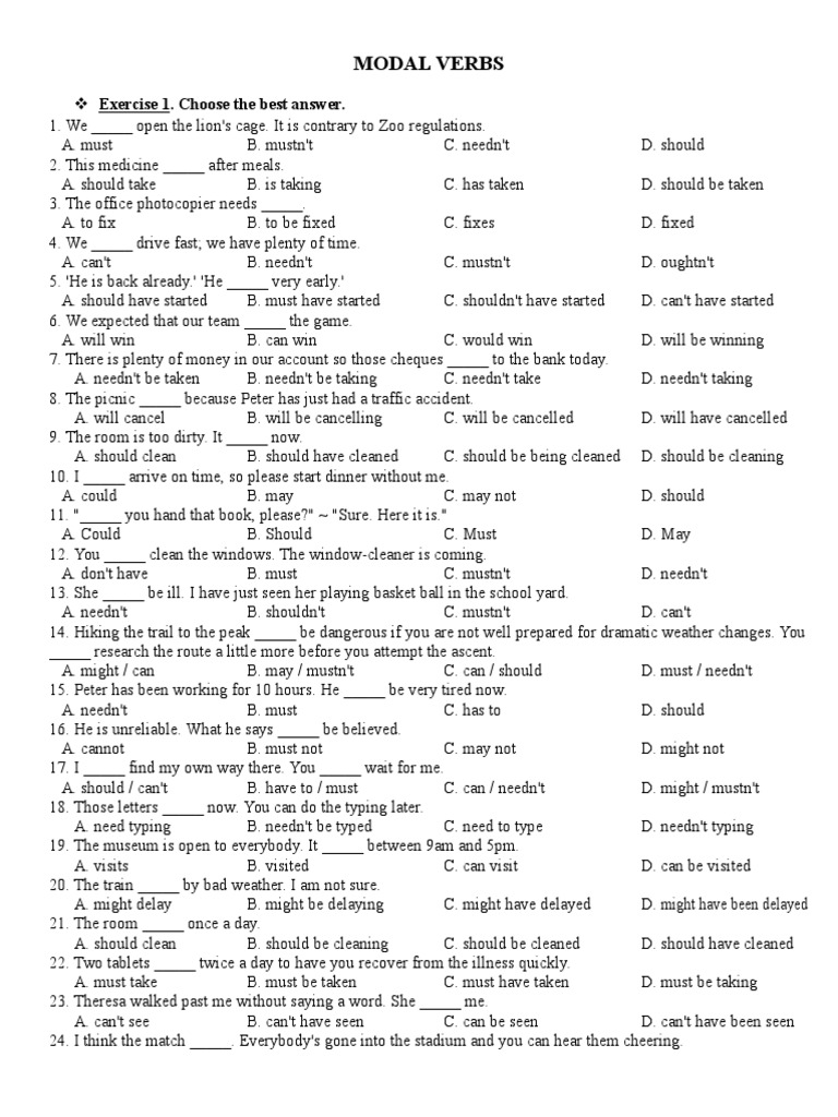 Modal Verbs Exercise 1 Choose The Best Answer Pdf