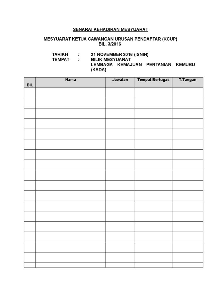 Borang Senarai Kehadiran Mesyuarat PDF