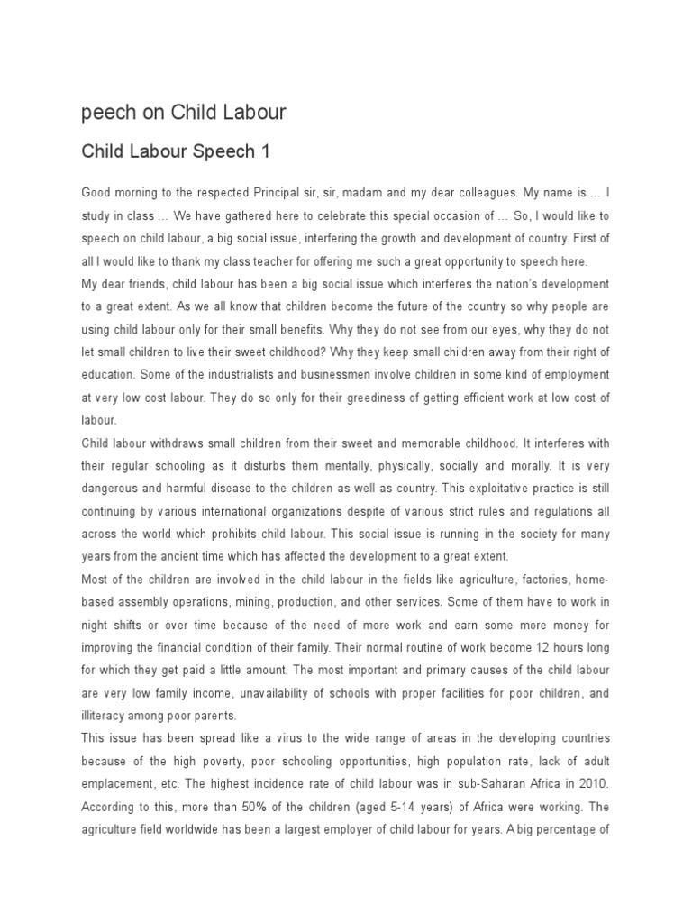 Child labour persuasive speech image