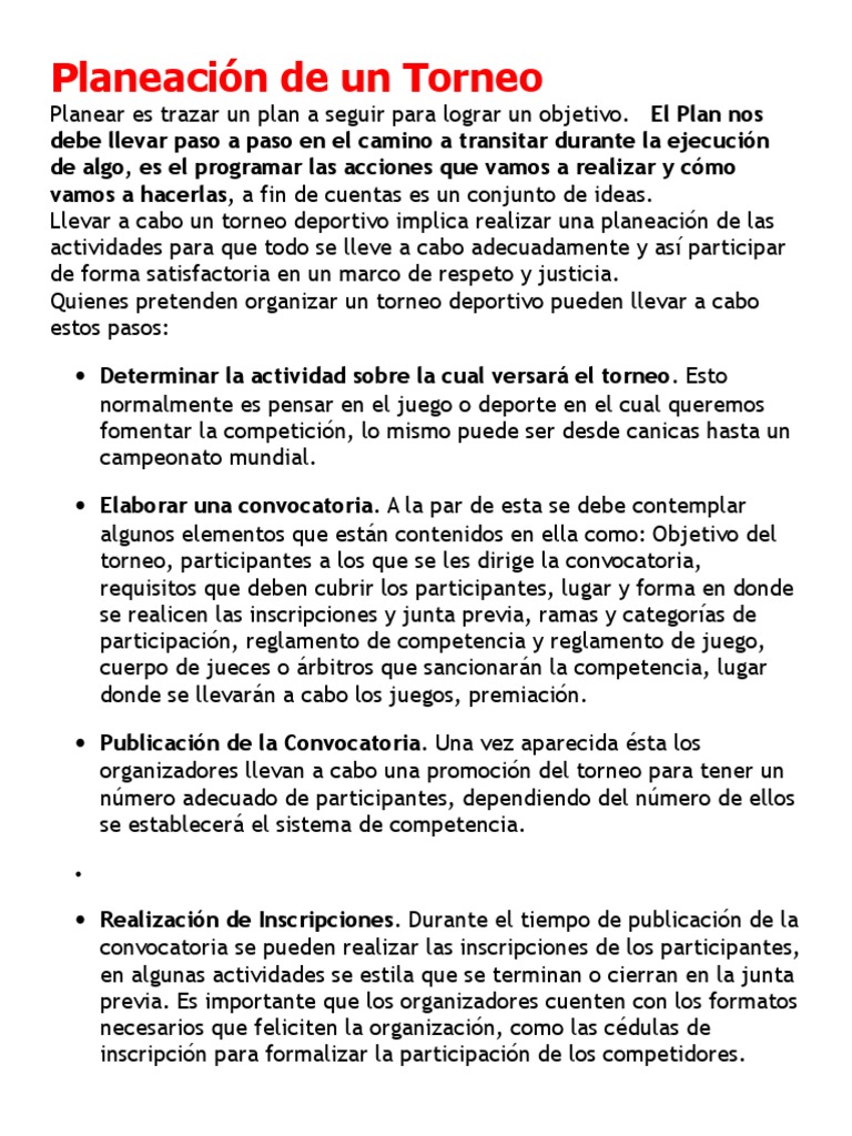 Planeación de Un Torneo Planificación Deportes
