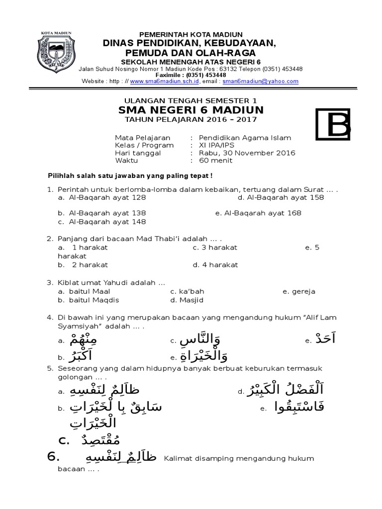 Soal Uas Pai Kelas Xi Semester 1 Kode b 6 Kd