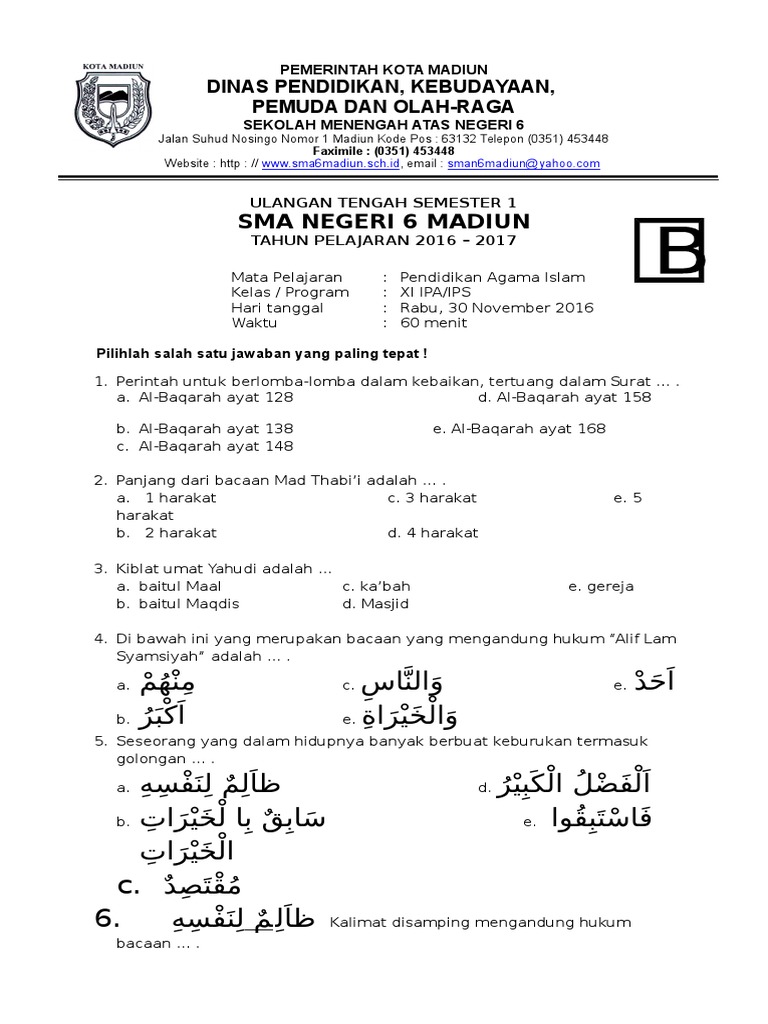 Soal Uas Pai Kelas Xi Semester 1 Kode B 6 KD PDF