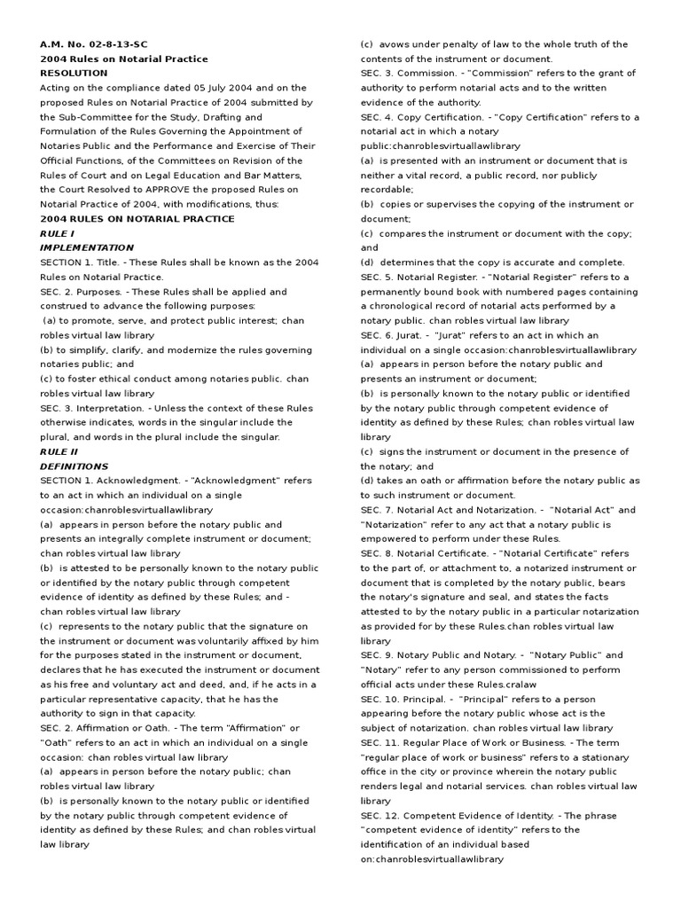 Rule I Implementation A M No 02 8 13 Sc 2004 Rules On Notarial