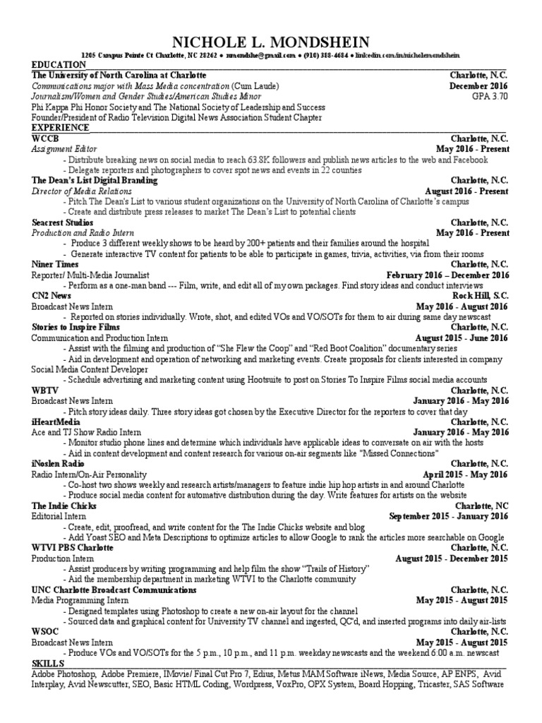 December 2016 Resumepdf PDF Broadcast Journalism Mass Media