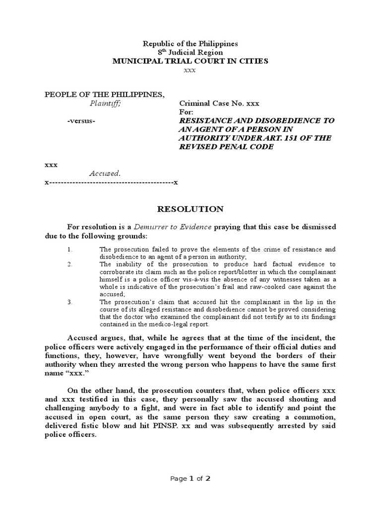 Resolution Denying Demurrer to Evidence in Case of Resistance and ...