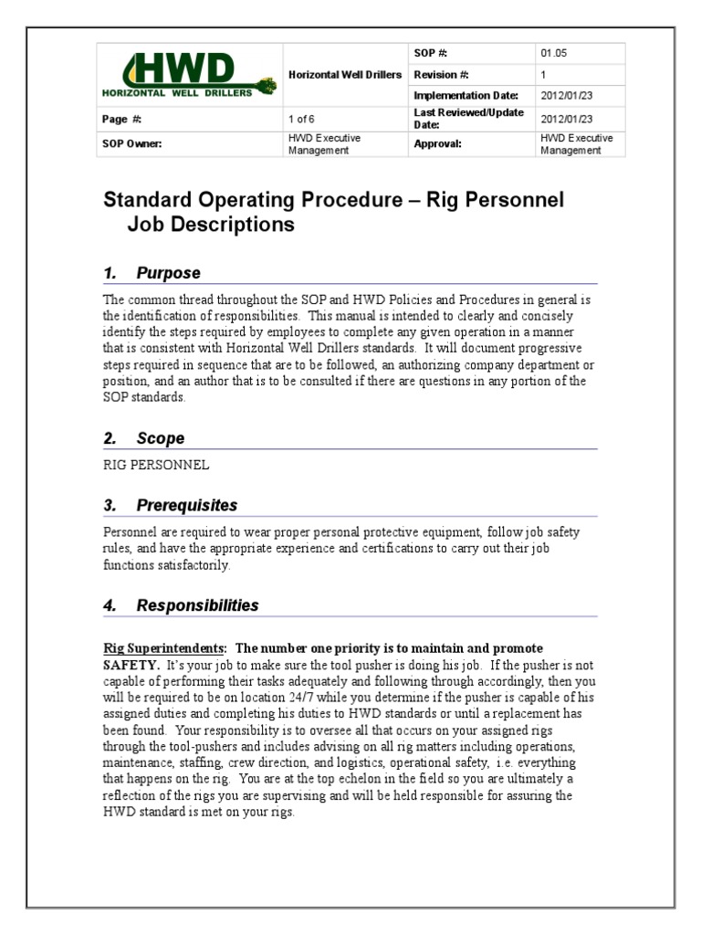 Rig Personnel Job Descriptions Drilling Rig Oil Well Free 30day
