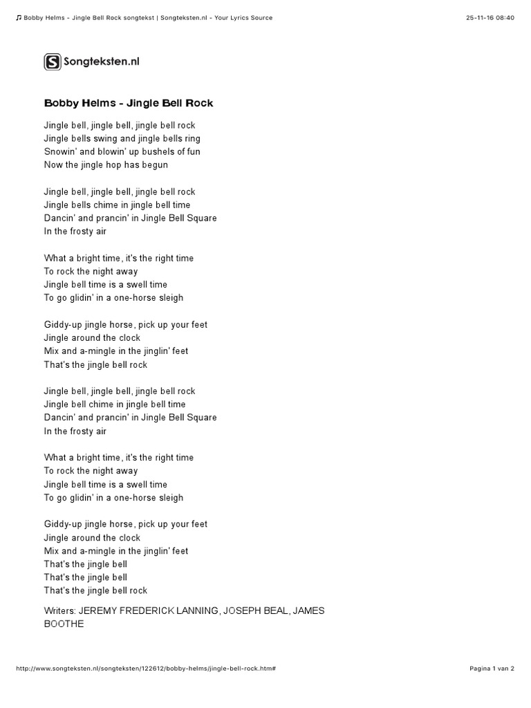 Bobby Helms - Jingle Bell Rock Songtekst - Songteksten - NL - Your Lyrics  Source PDF | PDF