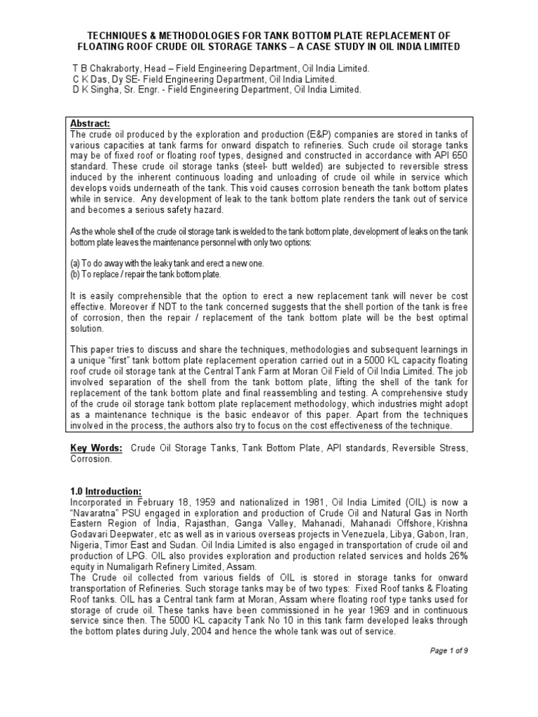 Techniques & Methodologies For Tank Bottom Plate Replacement of
