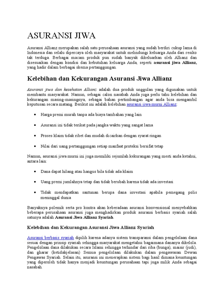 Kelebihan Dan Kekurangan Asuransi Jiwa Allianz