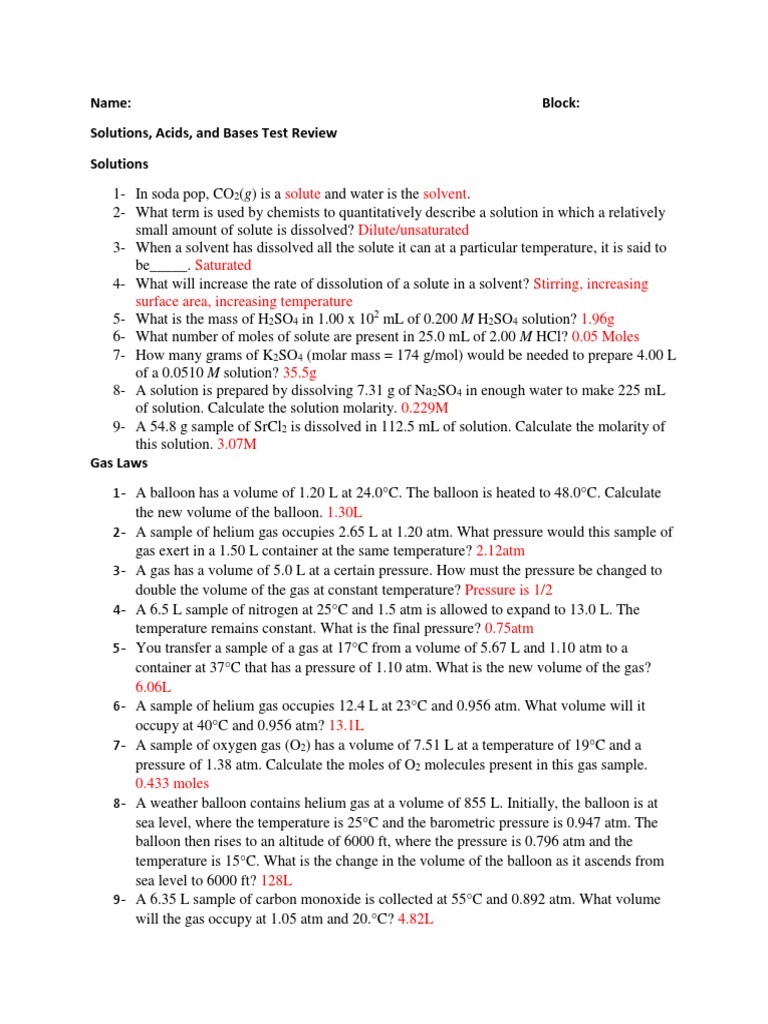 Solutions Acids And Bases Test Review Answers Pdf Acid Hydroxide