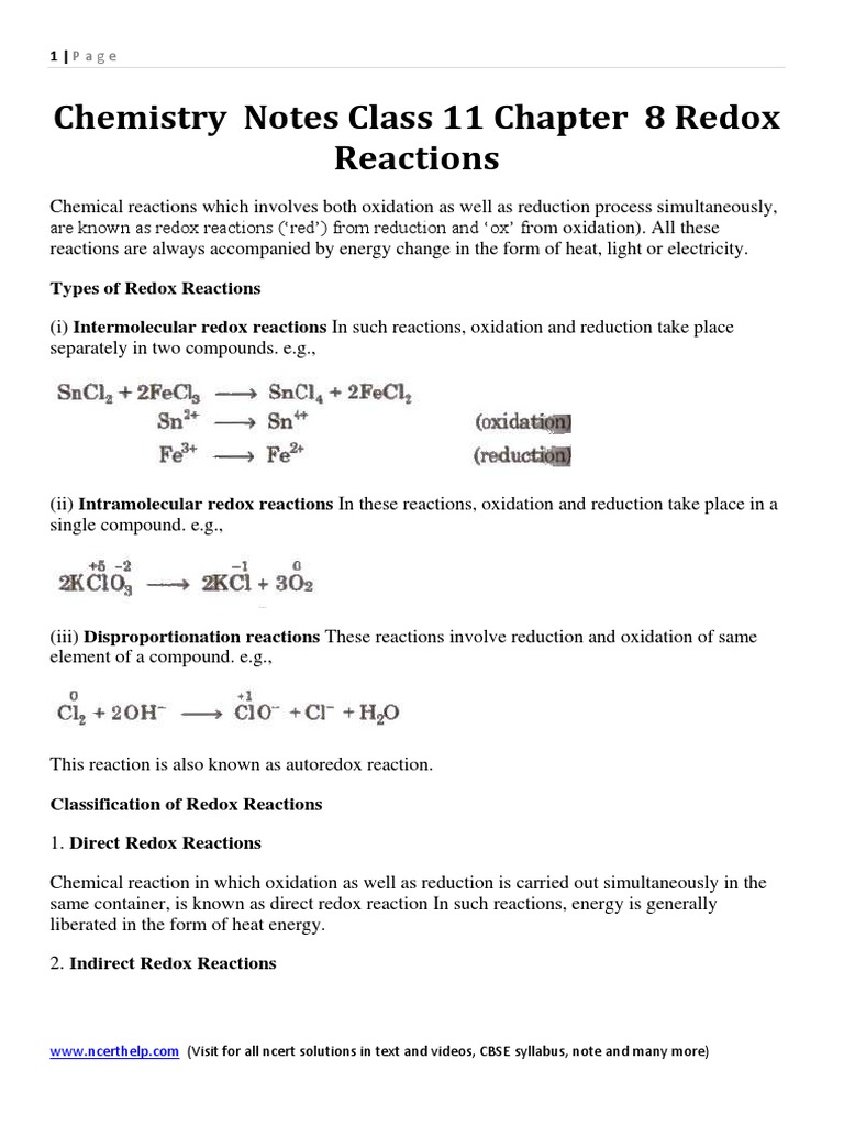 Class 11 Redox Reactions Notes | PDF | Redox | Chemical Reactions