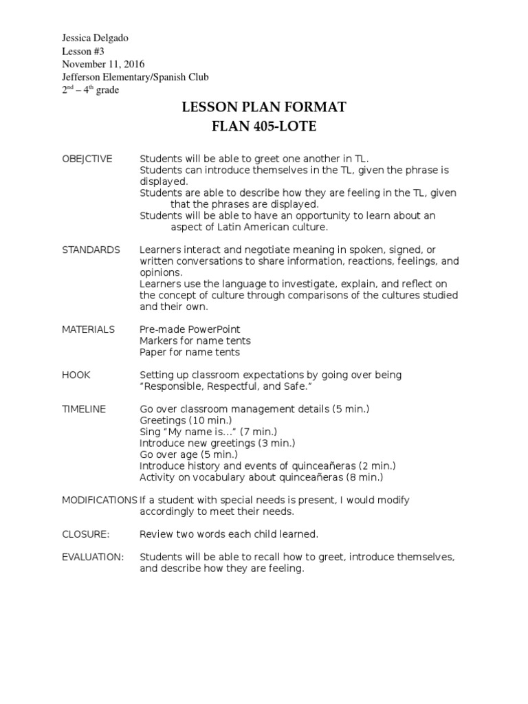 Lesson Plan Format Flan 405Lote PDF