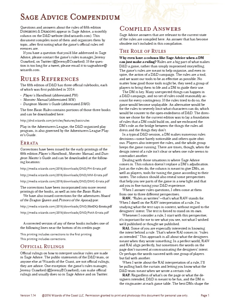 Sage Advice Compendium PDF Dungeons & Dragons Magician (Fantasy)