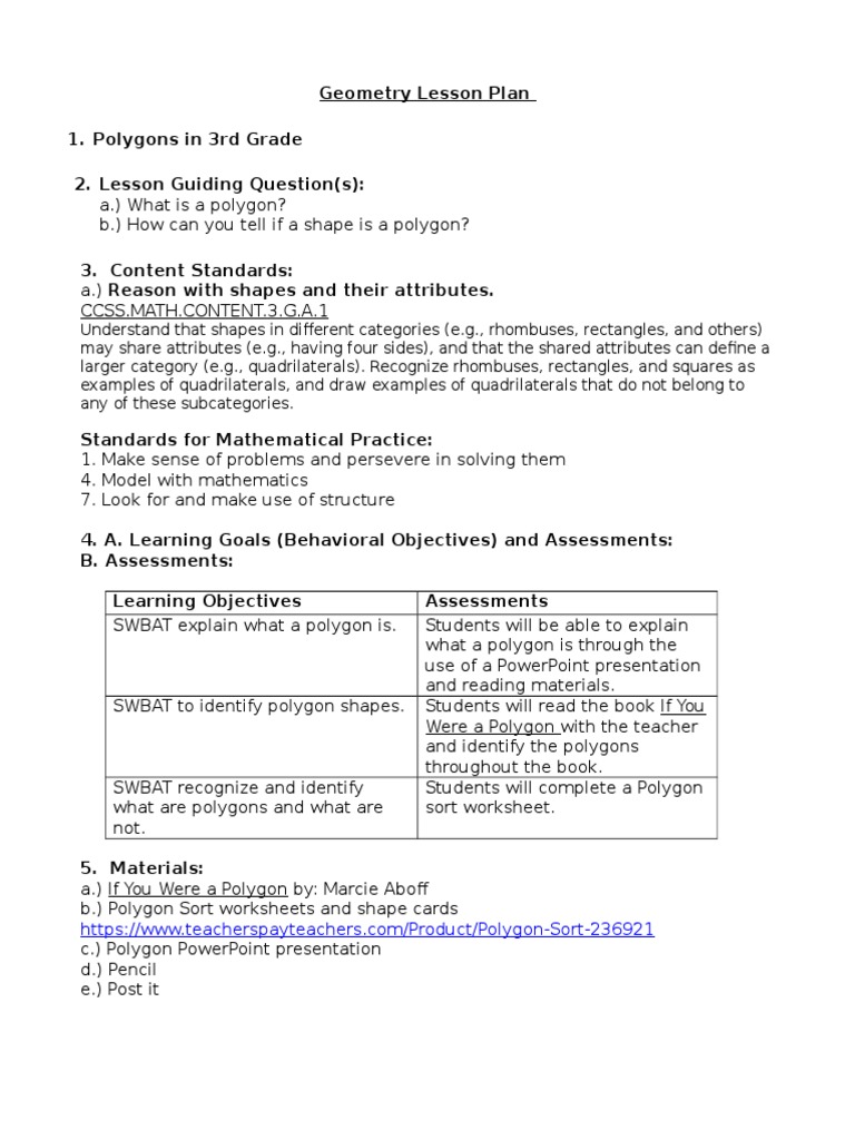 worksheet Identify Polygons Worksheet megan rosko geometry lesson plan shape rectangle