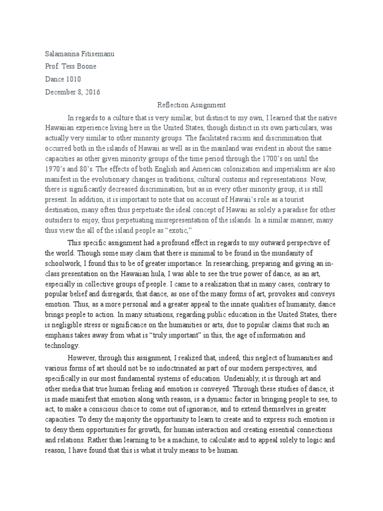 Dance Reflection Assignment | PDF | Racism | Discrimination & Race ...