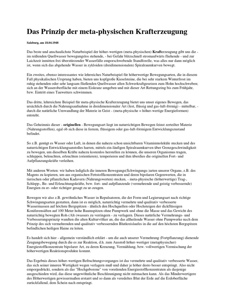 V Schauberger Das Prinzip Der Meta Physischen Krafterzeugung 1948