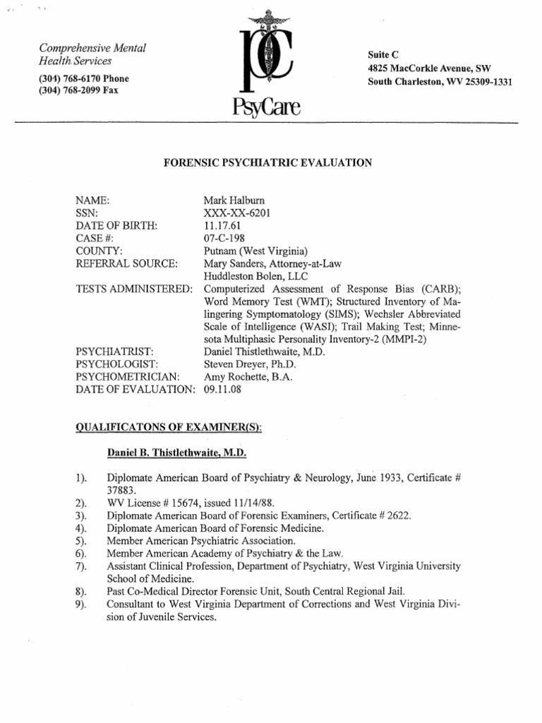Forensic Evaluation of Mark Halburn | PDF | Psychiatry | Psychological ...