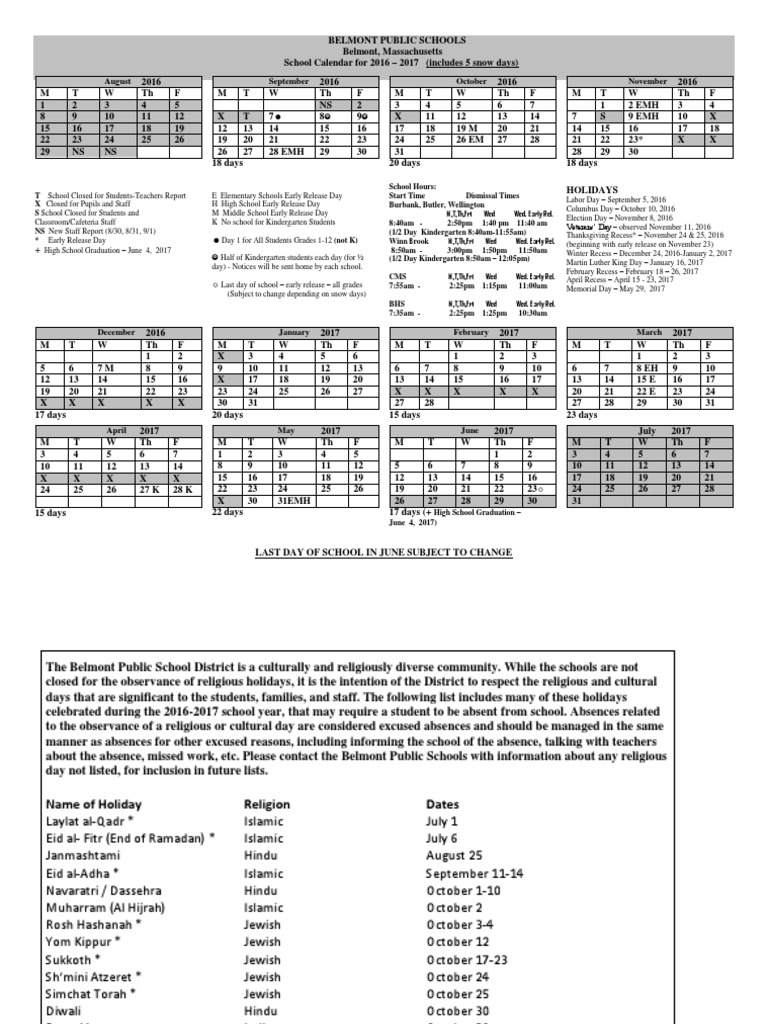 Belmont Calendar PDF Holidays Observances