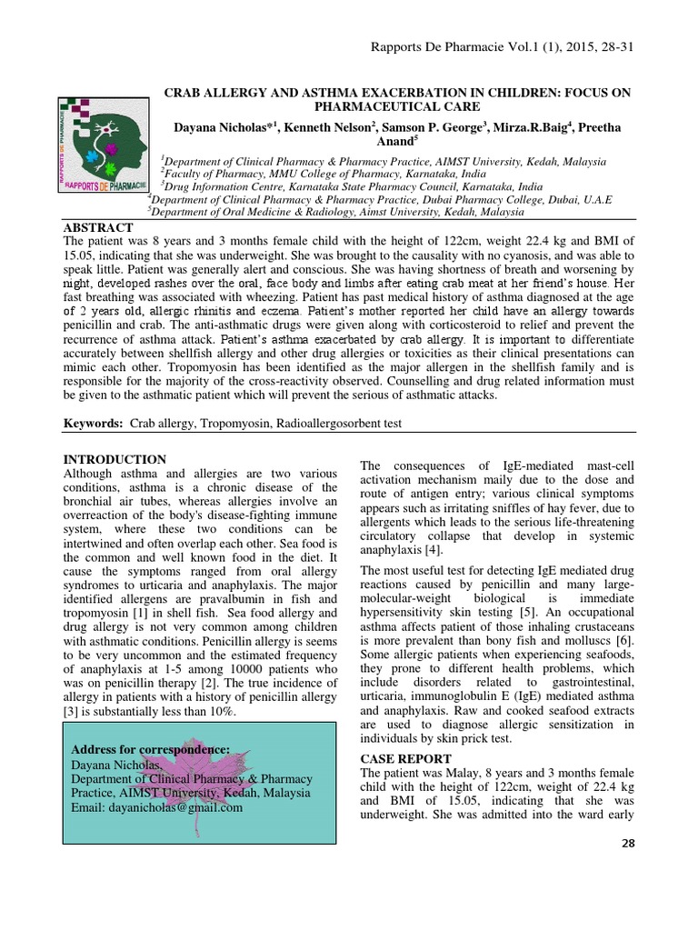 CRAB ALLERGY AND ASTHMA EXACERBATION IN CHILDREN FOCUS ON