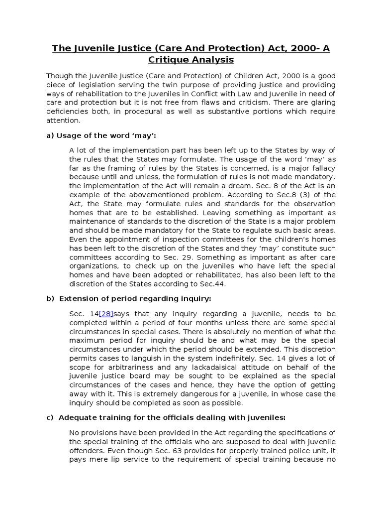 The Juvenile Justice Act Critical Analysis Juvenile Delinquency