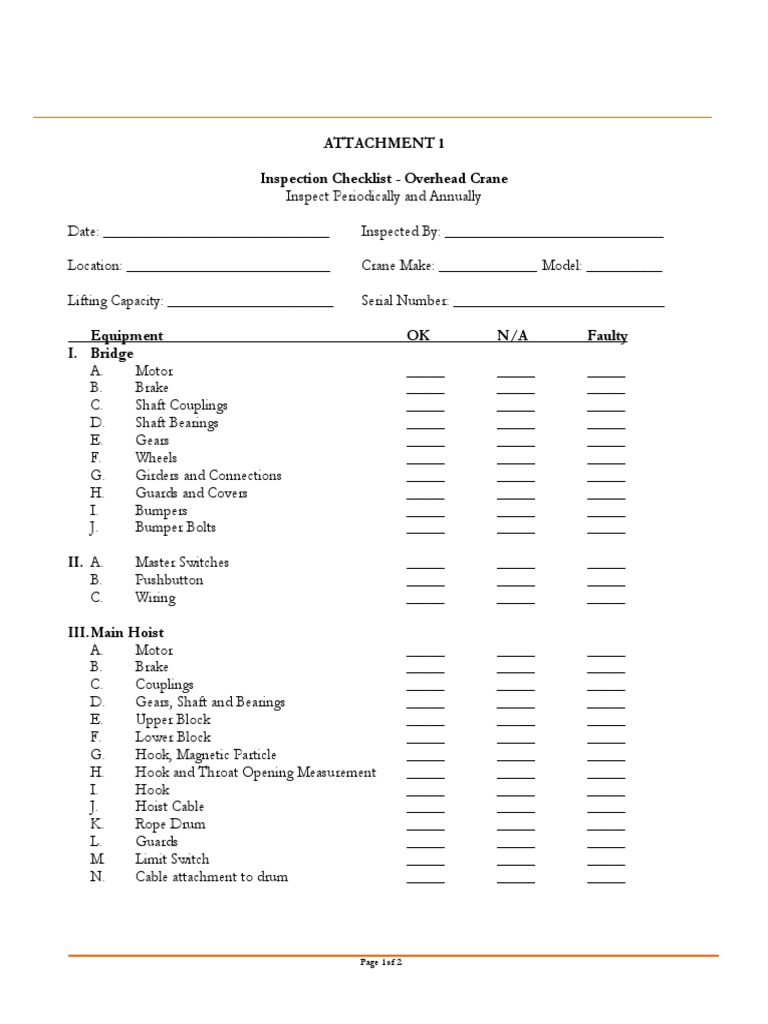 Inspection Checklist Overhead Crane | PDF