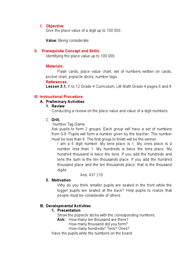 Place Value Lesson Plan for Grades 1-4 | PDF | Educational Psychology ...