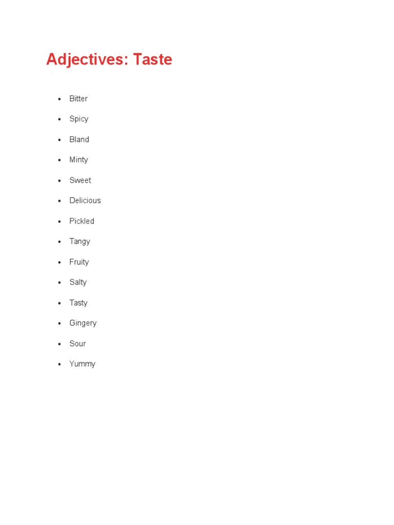 Adjectives Taste Bitter Spicy Bland Minty Sweet Delicious Pickled