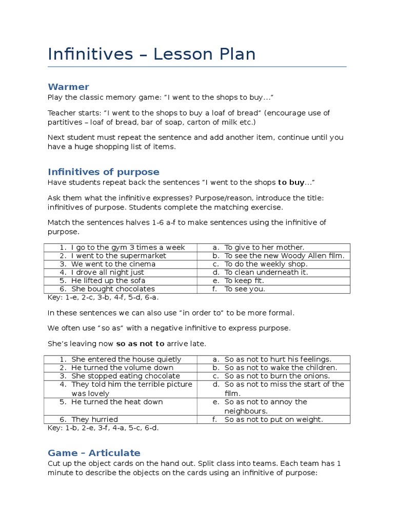 Infinitives of Purpose Lesson Plan | PDF | Language Arts & Discipline