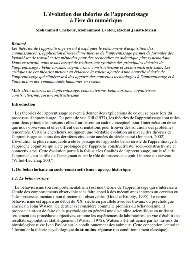 Lévolution Des Théories De Lapprentissage à Lère Du Numérique - 