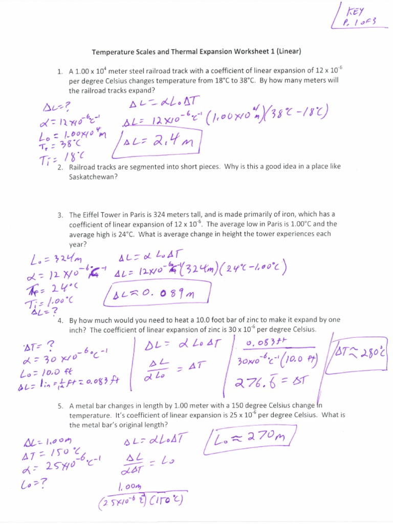 Linear Expanison Worksheet (Key) | PDF | Thermal Expansion ...