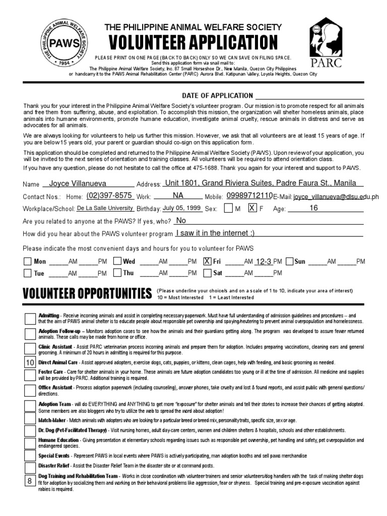 Volunteer Application Form PDF Dogs Pet