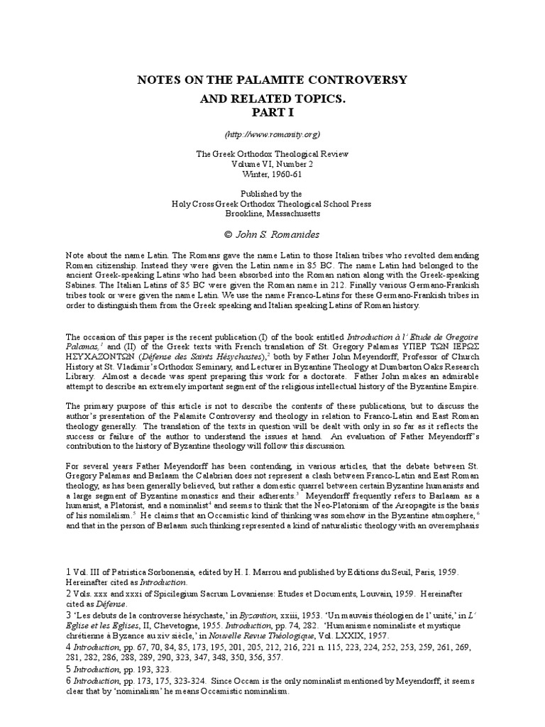 Notes On The Palamite Controversy and Related Topics. © John S. Romanides PDF Grace In