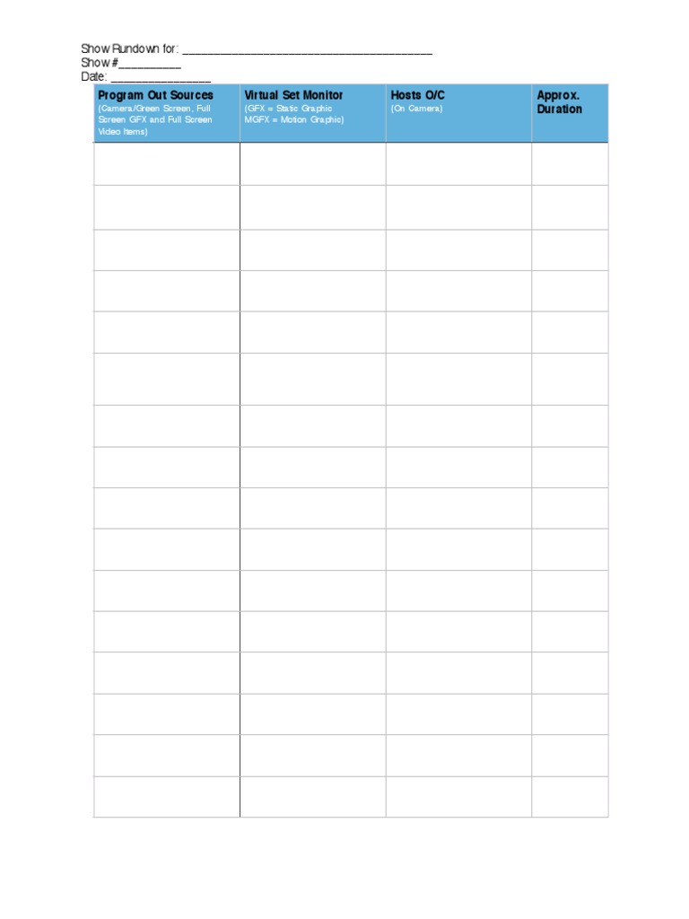 show rundown template 2016