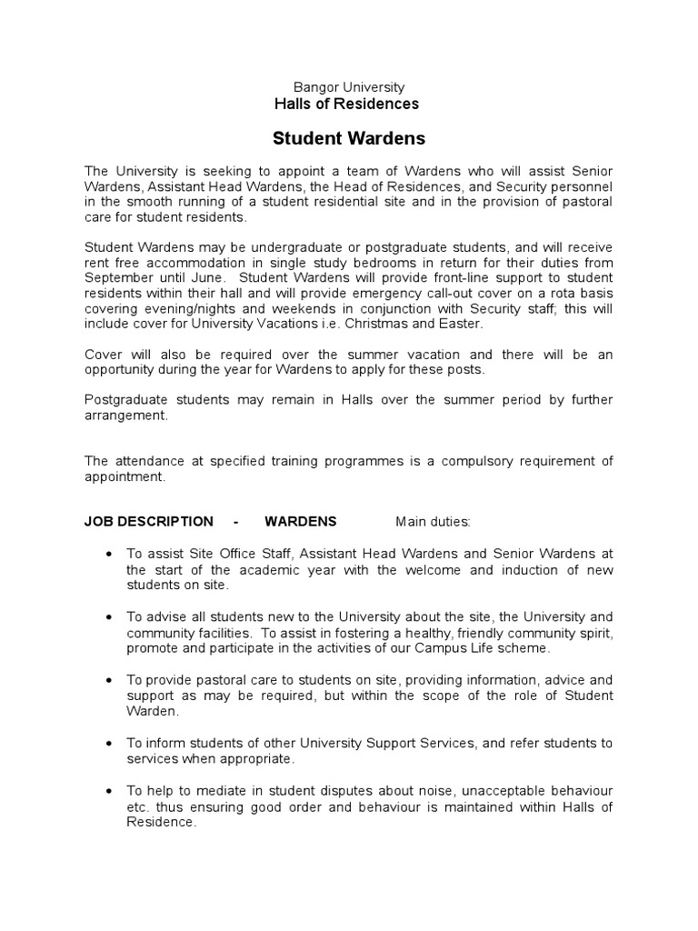 Student Warden Job Description Students Dormitory Free 30day