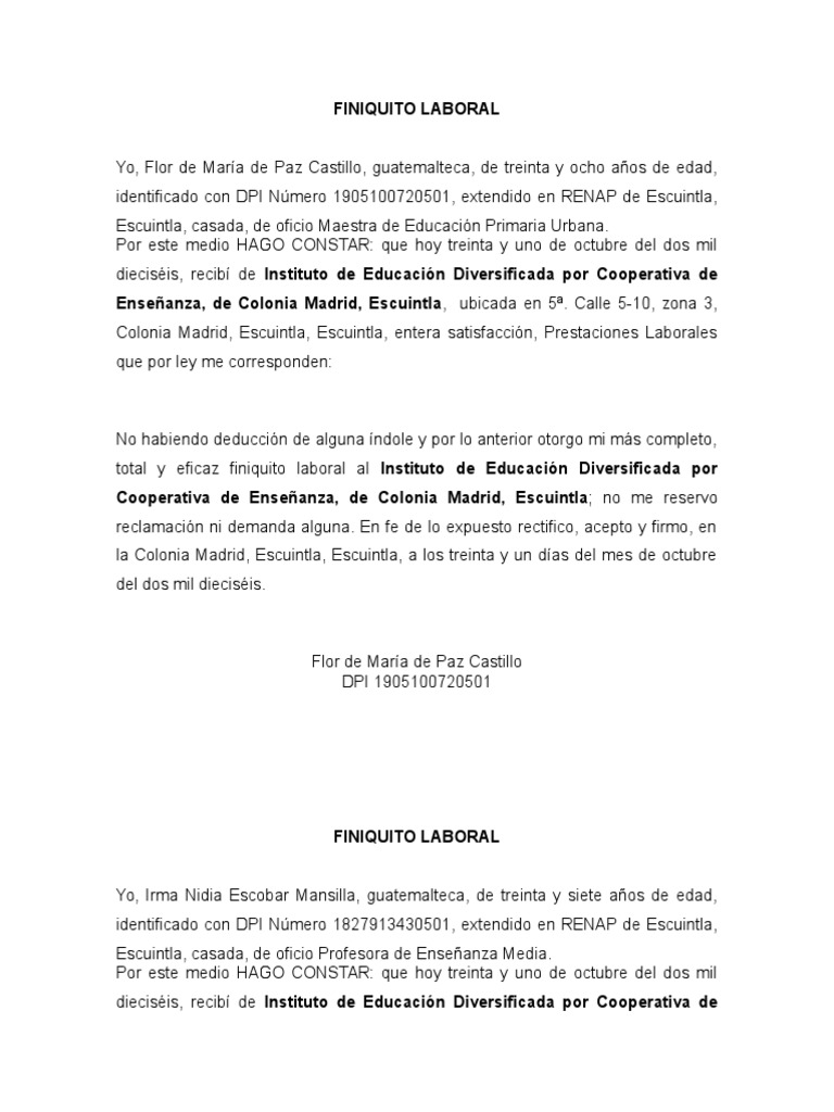 Finiquito Laboral Pdf Guatemala Madrid