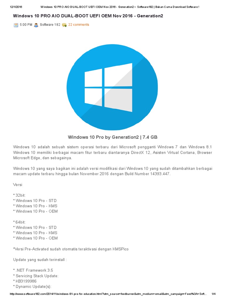 Windows 10 Pro AIO Dual-Boot 2016 | PDF | Komputer