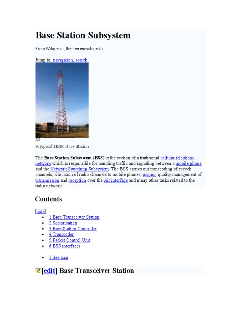 Base Station Subsystem Cellular Network Mobile Technology