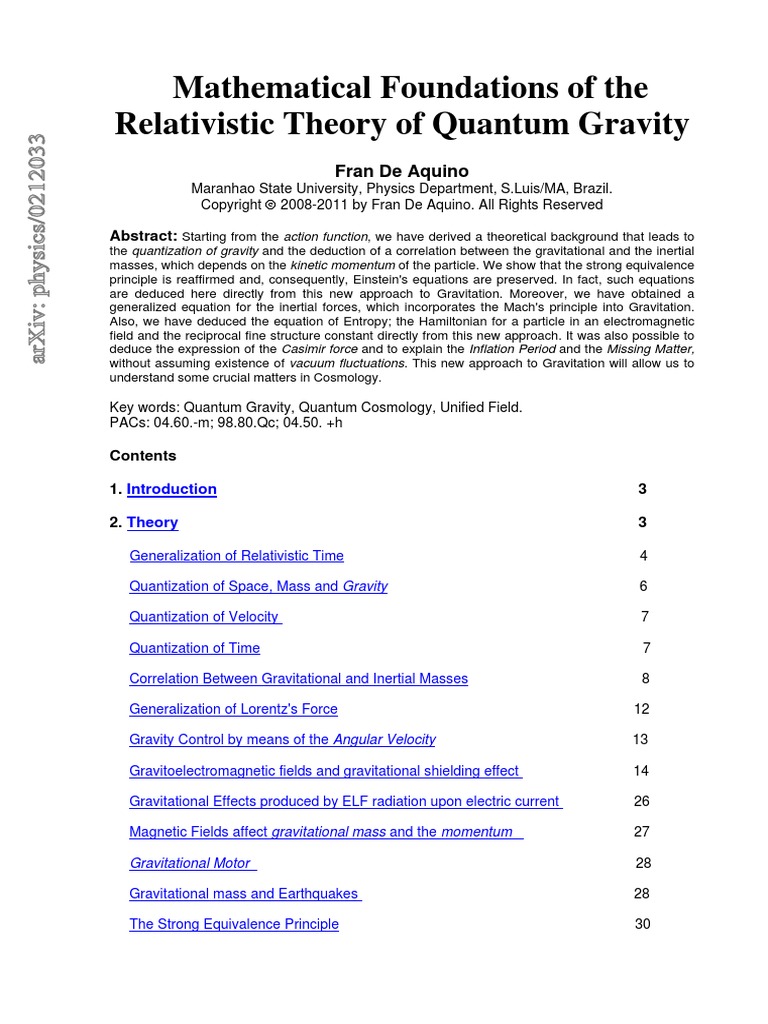 Mathematical Foundations of The Relativistic Theory of Quantum Gravity ...