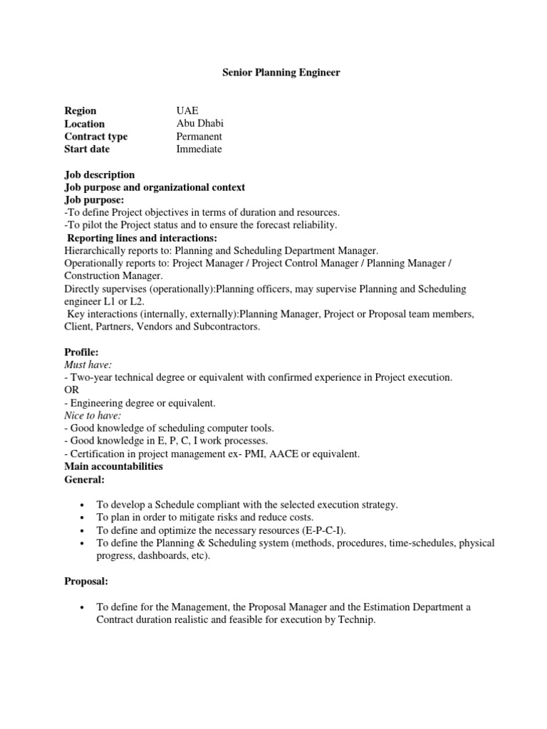 Senior Planning Engineer PDF Scheduling (Production Processes