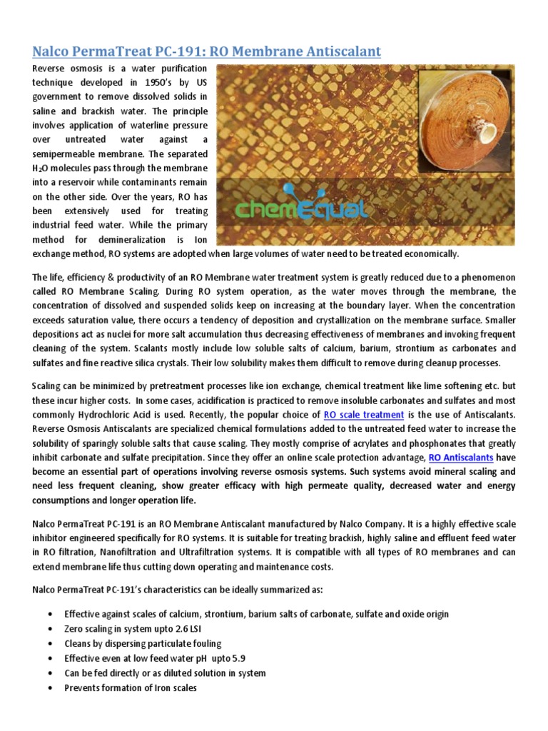 Nalco PermaTreat PC-191 Antiscalant Guide | PDF | Water Purification ...