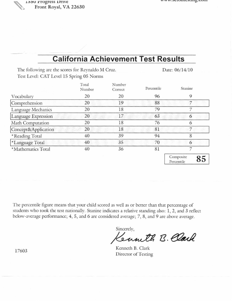 Reynaldo Cruz's CAT Test Results | PDF