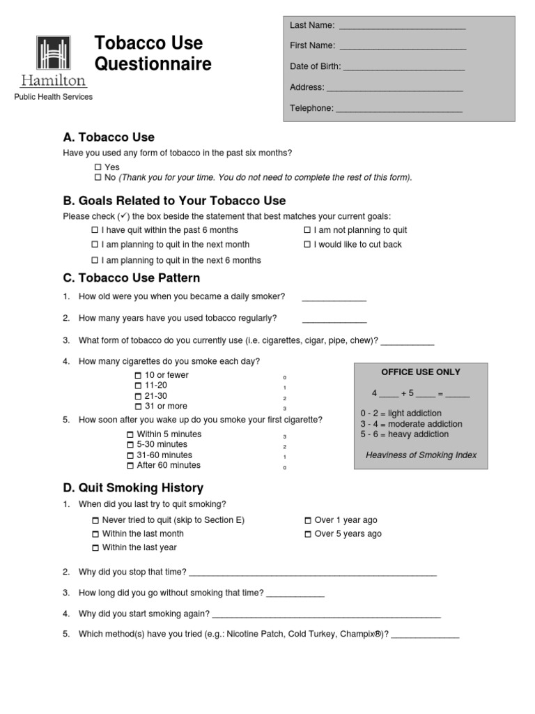 Appendix B3 Tobacco Use Questionnaire Tobacco Smoking Smoking