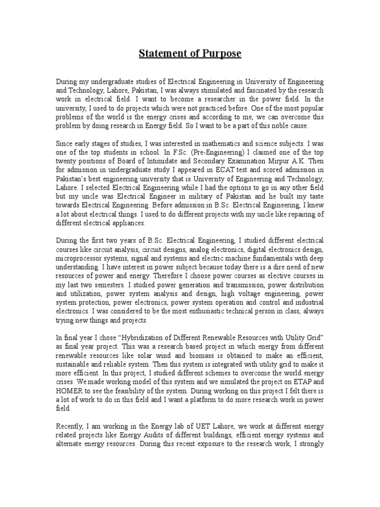 Statement of Purpose PDF Electric Power System Electrical Engineering