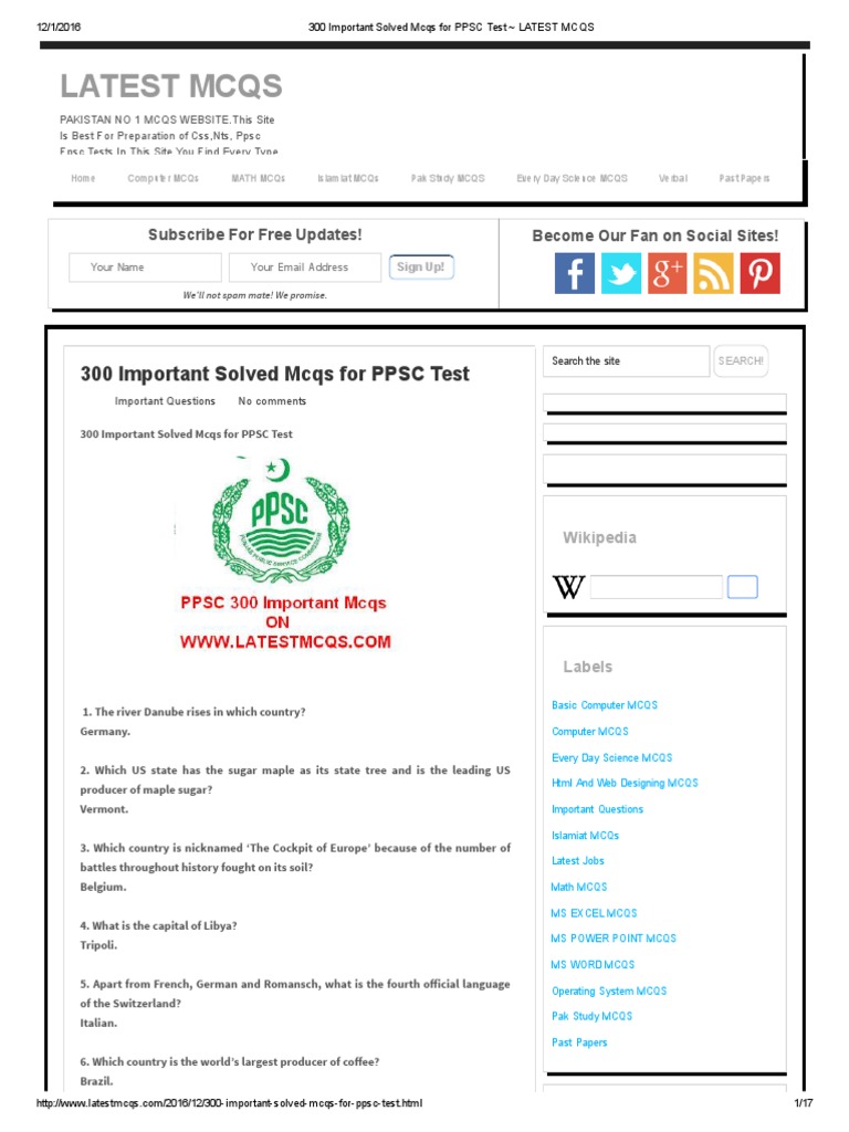 300 Important Solved Mcqs For PPSC Test - LATEST MCQS | PDF | Tools ...
