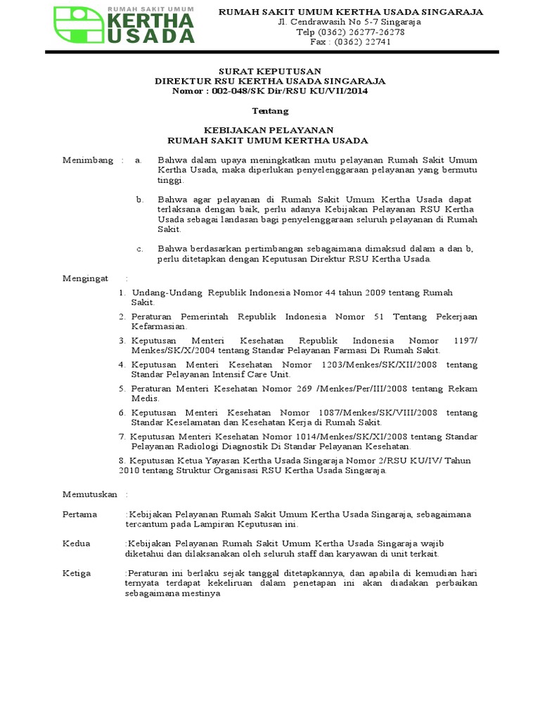 Sk Kebijakan Pelayanan Rsu Ku